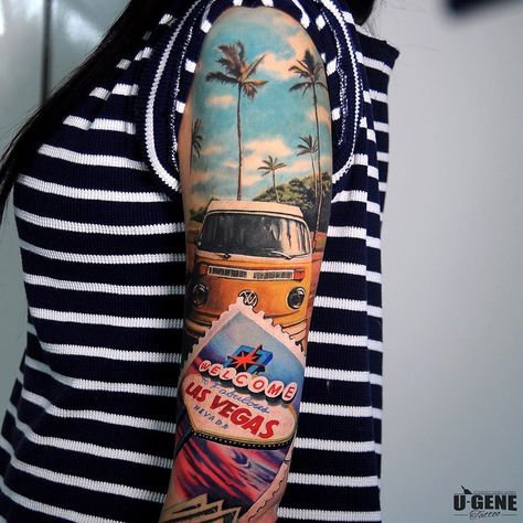 Travel sleeve with VW Camper and Las Vegas sign. Tattoo by U-Gene, an artist at Voice of Ink in Wroclaw, Poland. 27 Tattoo, Colored Tattoo Design, Vegas Tattoo, Back Of Arm Tattoo, Girl Sleeves, Space Tattoo, Halloween Tattoos, Tattoo Sleeve Designs, Vw Camper