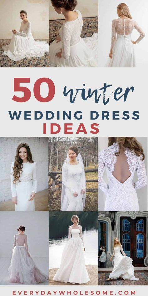 My favorite 50 Winter Wedding Dresses & Bridal Gowns. Some styles with long sleeves, others are sheath with lace & fur. some of these dresses come in plus size and are custom. Others are vintage and have fur, blazers, coats and collars. Some are mermaid style, others ballgown, some have belts and others have satin, silk and toile. #winterweddingdress #winterweddinggown #winterbridalgown Long Sleeve Off White Wedding Dress, White Winter Wedding Dress, Simple Winter Wedding Dress, Winter Wedding Dress Coverups, November Wedding Dress, December Wedding Dress, Snow Wedding Dress, Winter Elopement Dress, Cold Weather Wedding