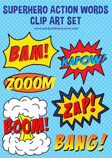 superhero action words clipart set. Free Download #superhero #clipart #crafts #craftsforkids #free #teacherspayingteachers Birthday Crafts For Friends, Crafts For Friends, Drake Birthday, Pumpkins Decorations, Superhero Party Invitations, Superhero Printables, Superhero Alphabet, Superhero Letters, Holiday Boards