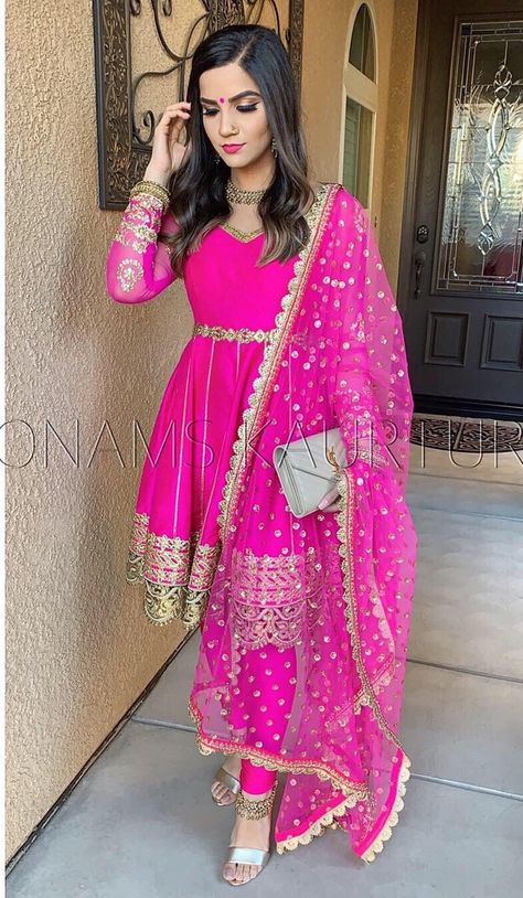 Frock With Dhoti Salwar, Bollywood Style Salwar Kameez With Dupatta, Frock Suit With Dhoti Salwar, Pink Jamawar Dress With Dupatta, Frock With Afghani Salwar, Punjabi Outfits, Indian Designer Suits, Afghan Clothes, Afghan Dresses