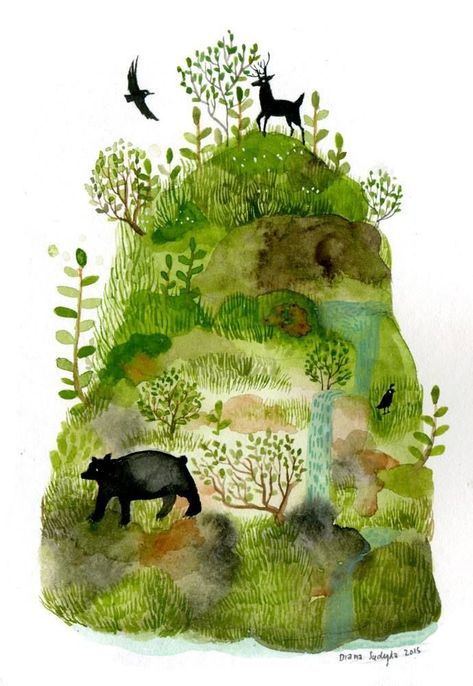 / Deer Illustration Cute, Ecosystem Illustration, Hill Illustration, Village Illustration, Village Drawing, Earthy Greens, 동화 삽화, Peaceful Places, Art And Illustration