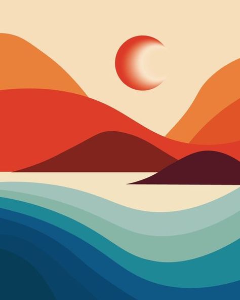 Lucre Heinrich on Instagram: "The moon is on fire 🌙 #illustrator #ilustration #digitalart #sunset #moon #sea #summer #summervibes #beach #beachvibes #adobe #adobeillustrator #art" Ted Harrison, Moon Sea, Ocean Illustration, Limited Palette, Sun Rise, Sea Summer, Animal Drawing, Affinity Designer, Painting Style