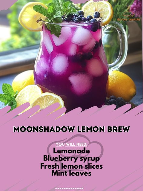 🌙🍋 Cast a spell of delight with our Moonshadow Lemon Brew – a mystical blend that will brighten your evenings! 🌟🍹 #MoonshadowBrew #LemonDelight Moonshadow Lemon Brew Ingredients: Lemonade (2 cups) Blueberry syrup (1/4 cup) Fresh lemon slices (1) Mint leaves (1/4 cup) Sparkling water (1 cup) Ice (as needed) Instructions: Combine lemonade and blueberry syrup in a pitcher. Add lemon slices and mint leaves. Top with sparkling water and serve over ice. Illuminate your night with Moonshadow Lem... Blueberry Syrup, Lemon Slices, Sweet Snacks Recipes, Lemon Slice, Sparkling Water, Mint Leaves, Satisfying Food, Sweet Snacks, 2 Cups