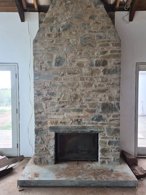 English Stone Fireplace, Overgrouted Stone Fireplace Farmhouse, 1960s Stone Fireplace, 70s Stone Fireplace Uk, Old Stone Fireplace, Field Stone Fireplace, Rustic Stone Gas Fireplace, English Fireplace, House Fireplace