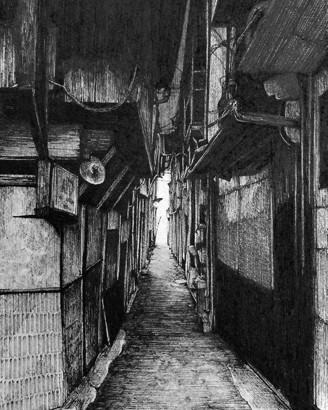 Dark Alley. Urban Architectural Pen Drawings. Click the image, for more of this home from ibsuki. Dark Ink Drawings, Dark Alley Drawing, Dark Alleyway Drawing, Alleyway Drawing, Ruelle Sombre, Dark Illustration Art, Alley Drawing, Grayscale Illustration, Dark Alleyway