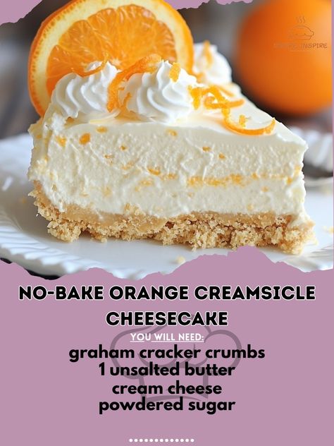 🍊🍰 Indulge in a creamy, no-bake Orange Creamsicle Cheesecake - a refreshing treat bursting with citrus flavors! 🍦 No-Bake Orange Creamsicle Cheesecake Ingredients: - 2 cups graham cracker crumbs - 1/2 cup unsalted butter, melted - 24 oz cream cheese, softened - 1 cup powdered sugar - 1 tsp vanilla extract - 1/2 cup orange juice - Zest of 1 orange - 1 cup heavy cream - Orange food coloring (optional) - Orange slices and whipped cream for garnish Instructions: 1. Mix graham cracker crumbs an... Orange Cheesecake No Bake, No Bake Orange Creamsicle Cheesecake, Orange Creamsicle Cheesecake Recipe, Orange Creamsicle Cheesecake, Creamsicle Cheesecake, Cheesecakes Recipes, Cheesecake Ingredients, Orange Food, Orange Baking