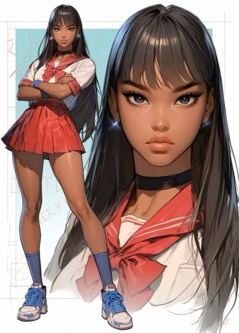 Hair Cartoon Style, Skirt And White Top, Long Hair Cartoon, Confident Expression, Xman Marvel, Hair Cartoon, Black Cartoon Characters, Sailor Mars, Black Anime Characters