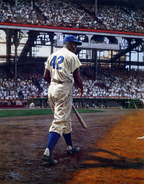 Jackie Robinson pictured in 1949 by artist Graig Kreindler, my son's favorite artist. Jack says "behind him the world is dark and shadowy, but it gets brighter with each step he takes"-Jack Caldwell   11yrs old Dodgers Fan, Baseball Art, Baseball Stadium, Jackie Robinson, Dodgers Baseball, Base Ball, Sports Hero, Sports Pictures, Sports Photos