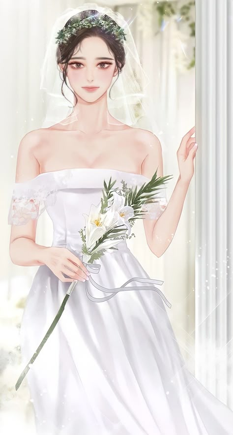 Manhwa Wedding Dress, Anime Wedding Dress, Anime Bride, Anime Wedding, Drawing Realistic, Romantic Anime Couples, Woman Illustration, Anime Dress, Cute Couple Art