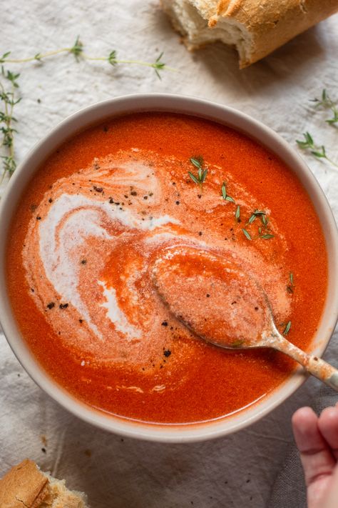 Roasted Red Pepper and Tomato Soup - Our Balanced Bowl Chili Cornbread Casserole, Spicy Taco Seasoning, Cheesy Cauliflower Soup, Roasted Red Pepper Soup, Red Pepper Soup, Spicy Tacos, Chili And Cornbread, Homemade Enchilada Sauce, Homemade Enchiladas