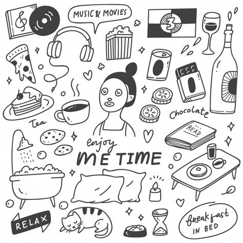 Me time concept doodle illustration Prem... | Premium Vector #Freepik #vector #food #music #cake #pizza Time Illustration, Time Concept, Doodle Art For Beginners, Food Doodles, Illustration Doodle, Vector Food, Sketch Notes, Easy Doodle Art, Little Doodles