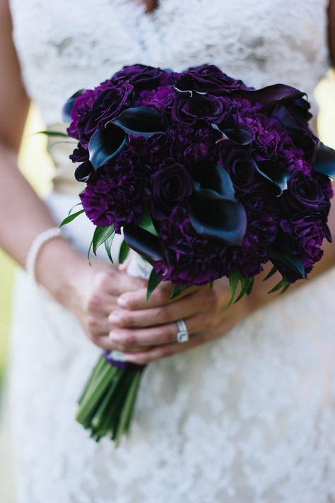 Tiffany’s bridal bouquet featured eggplant calla lilies, dark purple carnations and deep plum preserved roses. Pretty Wedding Bouquet, Dark Purple Wedding, Black Calla Lily, Purple Calla Lilies, Purple Bridal Bouquet, Dark Purple Flowers, Spring Wedding Bouquets, Halloween Themed Wedding, Purple Wedding Bouquets