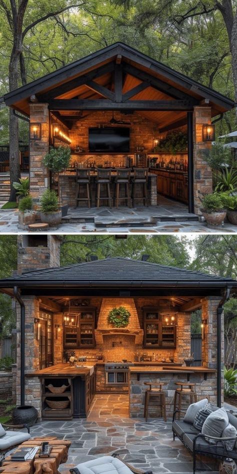 Rustic Outdoor Kitchens, Outdoor Cooking Spaces, Backyard Fireplace, Backyard Pavilion, Backyard Kitchen, Patio Kitchen, Outdoor Kitchen Patio, Outdoor Living Patio, Outside Living