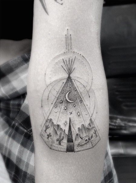 Teepee tattoo | Dr Woo Teepee Tattoo, Tattoo Indien, Dr Woo Tattoo, Camping Tattoo, Dr Woo, Tattoo People, Geniale Tattoos, American Tattoos, E Tattoo