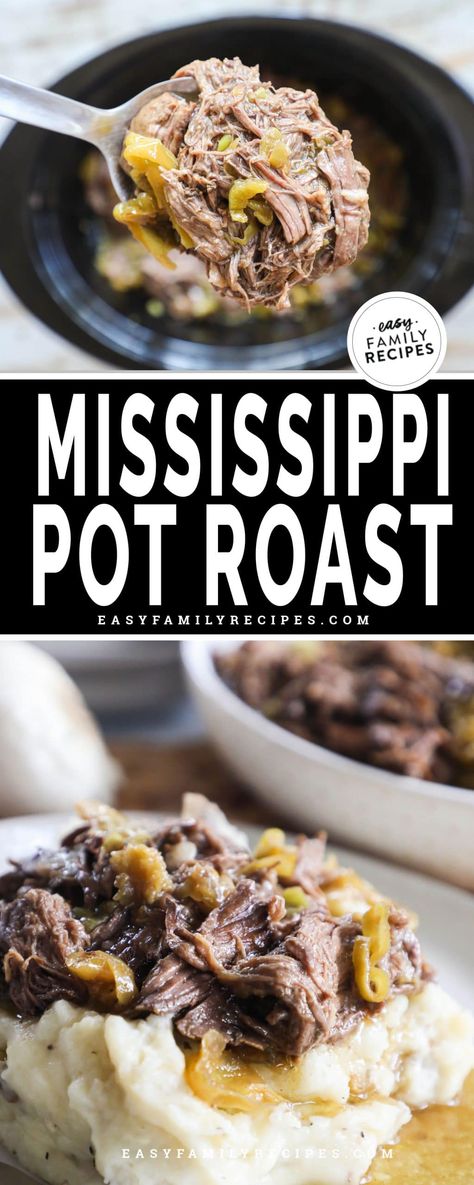 Mississippi Pot Roast {Crock Pot} · Easy Family Recipes Roast Crock Pot, Mississippi Pot Roast Recipe, Slow Cooker Mississippi Roast, Pot Roast Sandwiches, Mississippi Roast Recipe, Pot Roast Crock Pot Recipes, Mississippi Pot, Mississippi Roast, Au Jus Gravy