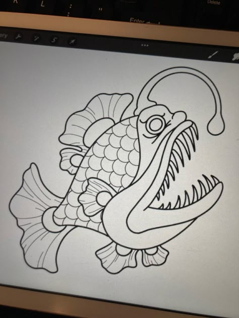 How To Draw An Angler Fish, American Traditional Angler Fish Tattoo, Anglerfish Drawing, Cartoon Fish Drawing, Angler Fish Drawing, Fish Line Drawing, Angler Fish Art, Angler Fish Tattoo, Filler Tattoos