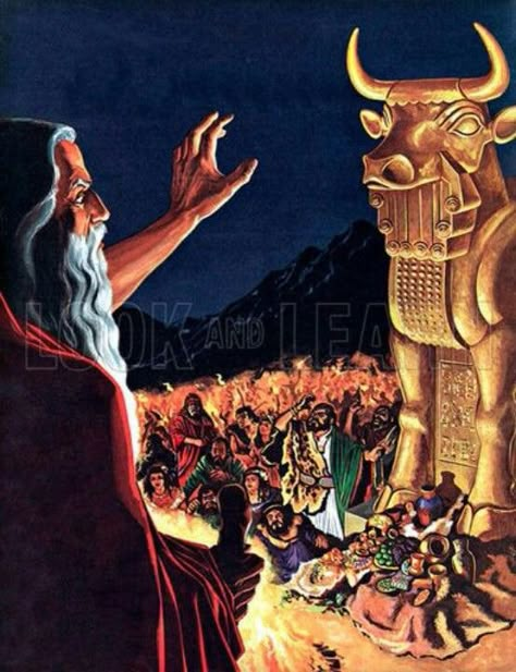 Worship of the golden calf.-Exodus 32:1-6                             Whereupon the king took counsel, and made two calves of gold, and said unto them, It is too much for you to go up to Jerusalem: behold thy gods, O Israel, which brought thee up out of the land of Egypt. And he set the one in Beth–el, and the other put he in Dan. (‭1 Kings‬ ‭12‬:‭28-29‬ KJV) The Golden Calf, Exodus 32, Golden Calf, Jesus Christ Quotes, Bible Images, Bible Illustrations, Bible Characters, Bible History, Bible Pictures