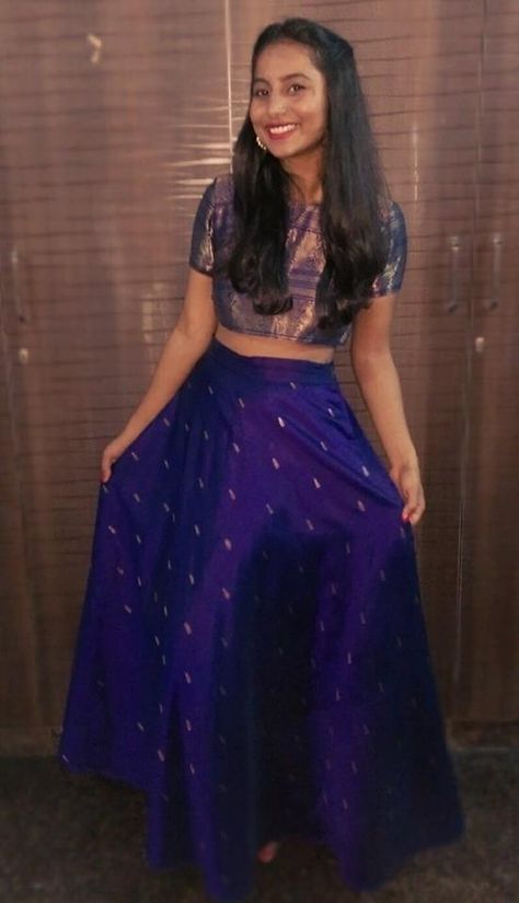 An old silk saree made into a skirt and crop top. Silk Skirt Top Indian Outfit, Lehenga From Old Silk Saree, One Piece Dress Design From Saree, Silk Saree Into Lehenga, Crop Top Lehenga From Old Saree, Traditional Dresses From Old Saree, Saree To Crop Top Convert, Ghagra From Old Saree, Skirt And Crop Top From Old Saree