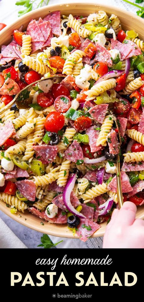 The Italian Pasta Salad is packed with meat, cheese, pasta, and zesty Italian dressing, topped with parmesan. It also includes red onion, pepperoncini, black olives, and fresh vegetables for a flavorful dish. | Recipe at BeamingBaker.com Pasta Salad Olive Garden Dressing, Pasta Salad Recipes With Italian Dressing, Zesty Italian Pasta Salad, Pasta Salad Dressing Recipe, Pasta Salad With Italian Dressing, Beaming Baker, Homemade Pasta Salad, Easy Italian Pasta Salad, Easy Homemade Pasta