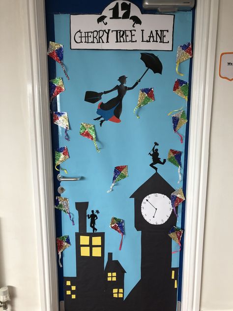 Mary Poppins Door Decoration, Mary Poppins Classroom Door, World Book Day Decorations, Book Cover Door Decorations Classroom, Mary Poppins Classroom Theme, Mary Poppins Decorations, Book Themed Classroom Doors, Book Week Door Displays, World Book Day Door Display