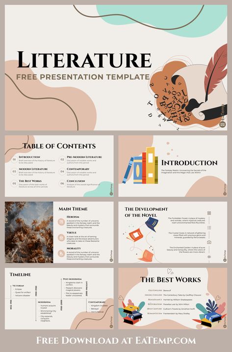 English Literature Presentation Template - Free PowerPoint Templates, Google Slides, Figma Deck And Resume Powerpoint Book Presentation, Academic Presentation Design, Presentation Layout Design Templates, Powerpoint Slide Designs Templates, English Presentation Ideas, Google Presentation Ideas, Free Template Powerpoint Slide Design, Free Slides Templates, Aesthetic Presentation Template