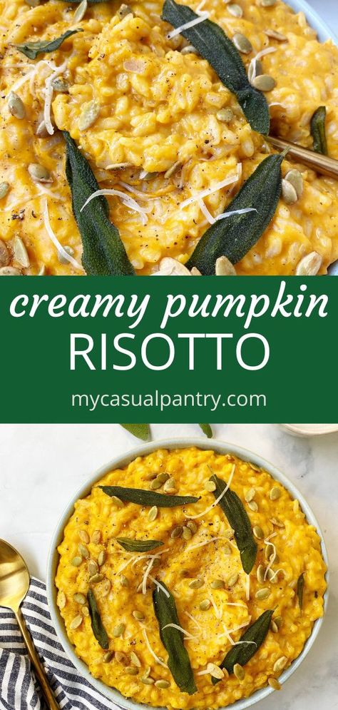 Pumpkin and Sage Risotto - this creamy rice dish gets a fall twist with the addition of pumpkin and warm sage.  A wonderful Autumn side dish or a delicious addition to your holiday menu. Pumpkin Risotto Recipes, Sage Risotto, Risotto Dishes, Pumpkin Risotto, Autumn Side Dishes, Creamy Rice, Meat Free Recipes, Vegetarian Main Dishes, Rice Dish