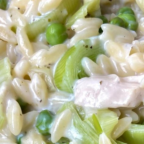 My First Meals | Grace Mortimer on Instagram: "Chicken & Leek Orzotto 🍴 . . . INGREDIENTS: 1 cup of orzo 1 cup of peas 1 diced leek 1 handful of cooked shredded chicken 1/2 a cup of garlic cream cheese . METHOD: Add the orzo, leek, peas and chicken to a saucepan along with 500ml of boiling water. Simmer for 15 minutes, stirring occasionally to prevent sticking. Then turn the heat off and add the cream cheese and mix thoroughly. Season if you wish. That’s it! . Serve! . . . . . #orzotto #on Chicken And Leek Orzotto, Garlic Cream Cheese, Orzo Pasta Recipes, Delicious Family Dinners, Side Dishes Recipes, Risotto Recipes, Main Course Recipes, Easy Pasta Recipes, Tasty Bites