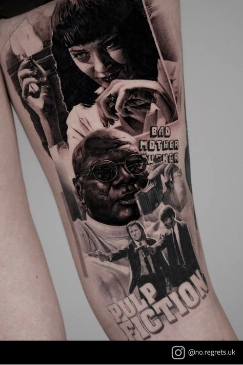 Pulp Fiction realism tattoo by Jordan Ferris at No Regrets Bristol. 📩 Bristol@nrstudios.co.uk ⠀ 📍 26 Stokes Croft, Bristol, BS1 3PR 📲 01173620157 🔗 www.nrstudios.co.uk #pulpfiction #blackandgreyrealism #blackandgreytattoo #realismtattoo #pulpfictiontattoo #quentintarantino #realistictattoo #realismtattoo #portraittattoo #miawallace #miawallacetattoo #johntravolta #samuelljackson #quentintarantinotattoo Se7en Tattoo Movie, Pulp Fiction Tattoo Ideas, Quentin Tarantino Tattoo, Fiction Tattoo, Movie Character Tattoos, Pulp Fiction Tattoo, Regrets Tattoo, Bob Marley Tattoo, Hollywood Tattoo