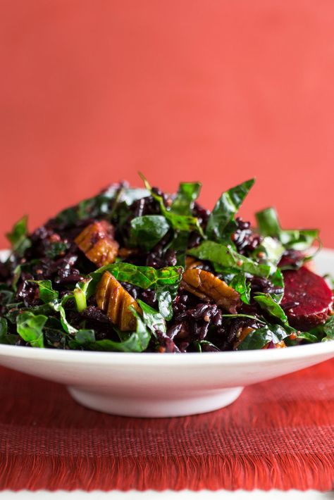 Black Rice, Beet and Kale Salad With Cider Flax Dressing Recipe - NYT Cooking Beet And Kale Salad, Forbidden Rice, New York Times Cooking, Vegetarian Thanksgiving Recipes, Roasted Beet Salad, Weeknight Recipes, Vegetarian Dish, Vegetarian Thanksgiving, Beetroot Salad