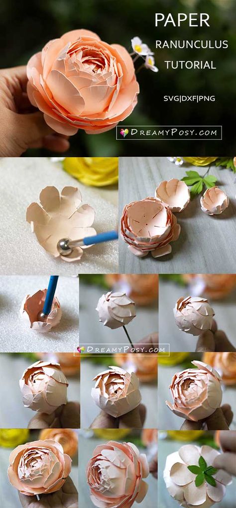 Cardstock Ranunculus flower, step by step tutorial and template Ranunculus Flower, Make Paper Flowers, Paper Flower Patterns, Paper Flower Wall Decor, Paper Flower Crafts, Paper Flower Template, How To Make Paper Flowers, Crepe Paper Flowers, Paper Flower Bouquet