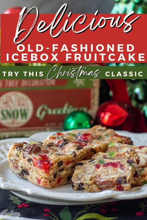 Icebox Fruit Cake Recipe, Icebox Fruitcake, Christmas Dessert Menu, Classic Christmas Dessert, Fruit Cake Recipe Christmas, Fruit Cake Cookies, Cherry Coconut, Fruit Cake Christmas, Fruitcake Recipes