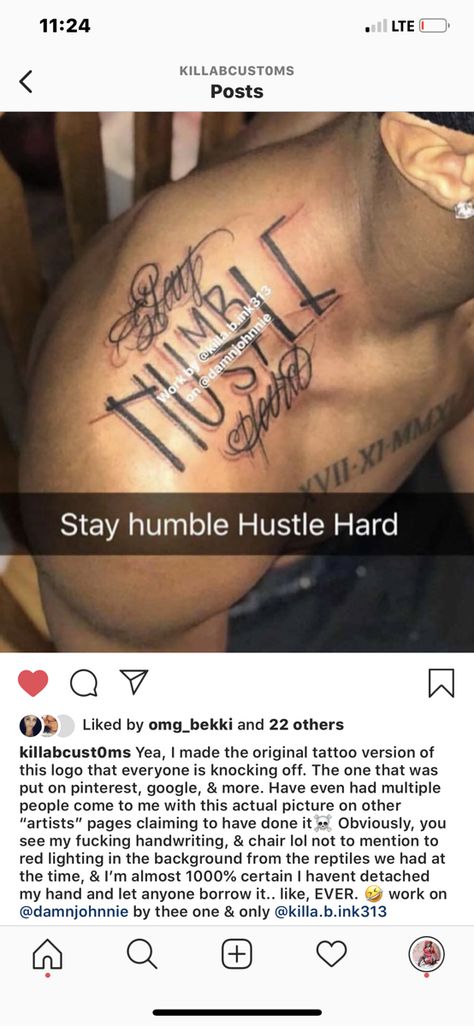 Stay humble hustle hard tattoo ORIGINAL ARTIST Stay Humble Tattoo Men, Humble Tattoo Men Forearm, Hustle Neck Tattoo, Hustle In Silence Tattoo, Hustler Tattoos Men, Hustlers Ambition Tattoo, Risk Taker Tattoo Men, Fearless Tattoo Men, Hard Times Tattoo