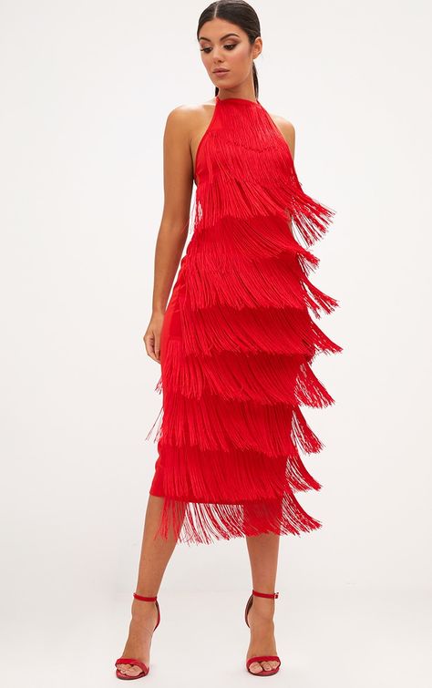 Red Tassel Halterneck Midi Dress Jazz Dress, Dresses For Special Occasions, Spring Dresses Women, Fringe Fashion, Little Red Dress, Dresses Cute, Tassel Dress, Classy Dress Outfits, Guest Outfit