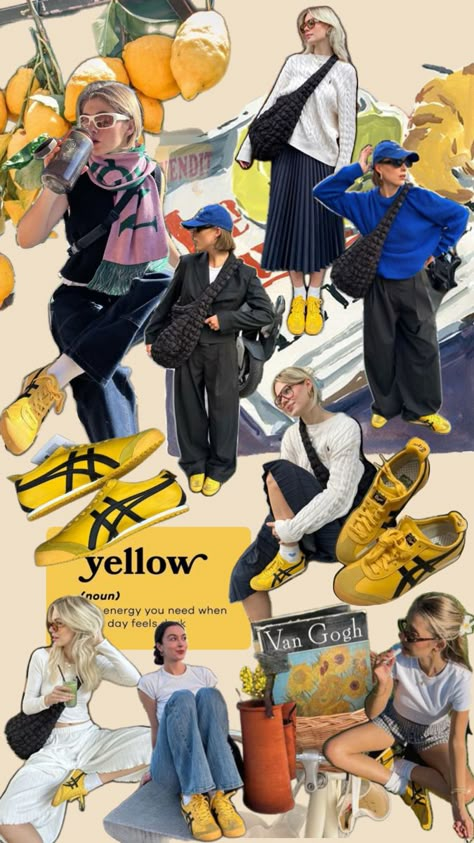 Ootd Onitsuka Tiger Women, Japan Fall Outfit, Onitsuka Tiger Women Outfit, Onitsuka Tiger Outfit, Yellow Shoes Outfit, Onitsuka Tiger Women, Tiger Shoes, Yellow Adidas, Tiger Mexico 66