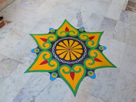 Hand painted with oil colours on marble flooring... Rangoli With Acrylic Paint On Floor, Oil Paint Rangoli Designs On Floor Design, Oil Paint Rangoli On Floor, Rangoli With Paints On Floor, Oil Paint Rangoli Designs On Floor, Rangoli Painting On Floor, Oil Paint Rangoli, Paint Rangoli Designs, Paint Rangoli Designs On Floor