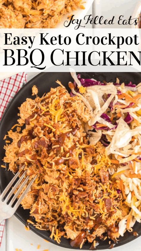 Crockpot BBQ Chicken - Low Carb, Keto, Gluten-Free, Grain-Free, THM S - All it takes is a little bit of planning, a few ingredients, a crockpot, and you are well on your way to an EASY pulled chicken dinner. #lowcarb #lowcarbrecipes #lowcarbdiet #keto #ketorecipes #ketodiet #thm #trimhealthymama #glutenfree #grainfree #glutenfreerecipes #recipes #dairyfree #paleo #whole30 #chicken #chickenrecipes #crockpot #slowcooker #comfortfood #easy #dinner #maincourse Keto Bbq Chicken Crockpot, Keto Pulled Chicken Recipes, Low Carb Gluten Free Crock Pot Recipes, Healthy Crockpot Pulled Chicken, Thm Crockpot Recipes, Bbq Pulled Chicken Crockpot Healthy, Chicken Crockpot Recipes Gluten And Dairy Free, Low Carb Pulled Chicken, Low Carb Recipes For Dinner Crockpot