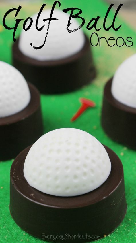 Golf Theme Party Desserts, Golf Food Party, Golf Themed Party Snacks, Golf Dessert Ideas, Oreo Cookie Pucks, Golf Themed Desserts, Dipped Oreos How To Make, Golf Desserts, Golf Ball Cookies