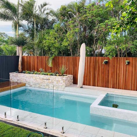 Small Pool With Waterfall Wall, Pool Wall Ideas, Pergola Over Pool, Small Pool Bathroom, Pool Privacy Ideas, Poolside Landscape Ideas, Deck Privacy Ideas, Bermuda House, Shutters Decor