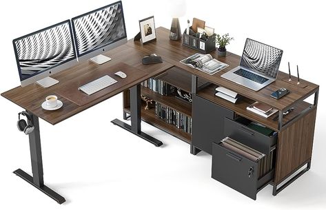 Stand Up Desk Home Office, L Shaped Standing Desk, Corner Standing Desk, L Shaped Office Desk, Desk With Shelves, Computer Desk With Shelves, Home Office Modern, 2 Drawer File Cabinet, Under Desk Storage