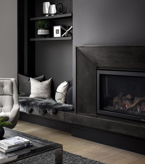 Assymetric Fireplace Wall, Fake Fireplace Ideas, Fireplace Media Wall, Dark Fireplace, Wood Stove Decor, Black Tv Wall, Black Fireplace Surround, Stone Fireplace Ideas, Mid Century Transitional