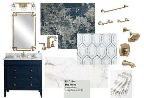 Bathroom Finishes and Fixtures Navy and Gold 3.0 Designer Picks Bathroom Remodel Selections - Etsy Bathroom Finishes, Navy Cabinets, Navy Blue Bathrooms, Navy Bathroom, Blue Bathroom Decor, Blue Vanity, Gold Fixtures, My Bathroom, Gold Bathroom