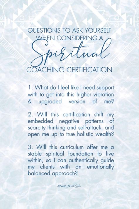 Some great questions to ask yourself when considering a spiritual coaching program: What do I feel like I need support with, to get into to get into this higher vibration and upgraded version of me? Will this certification shift my embedded negative patterns of scarcity thinking and self-attack, and open me up to true holistic wealth? Will this curriculum offer me a stable spiritual foundation to live within, so I can authentically guide my clients with an emotionally balanced approach? Coaching Content, Spiritual Life Coach, Higher Vibration, Great Questions, Spiritual Coaching, We Are Different, Life Coach Certification, Questions To Ask Yourself, Spiritual Business