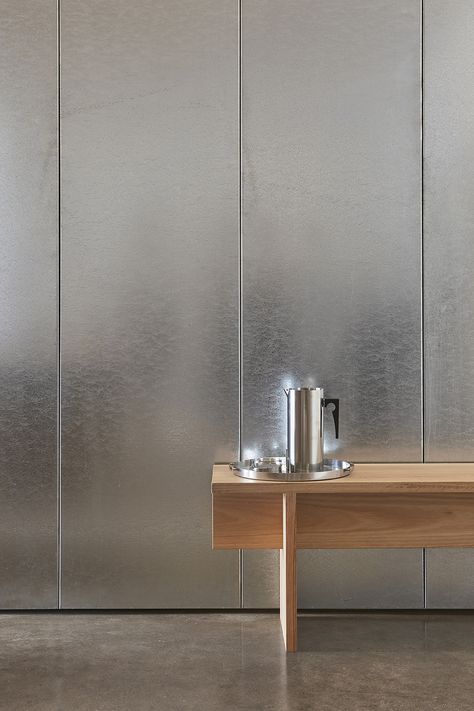 Gilad Ritz and Jean-Paul Ghougassian of RITZ&GHOUGASSIAN Feature Ritz And Ghougassian, Metal Panels Interior, Metallic Interior Design, Ritz Ghougassian, Silver Architecture, Silver Interior Design, Metal Panel Wall, Metal Interior Design, Metal Architecture