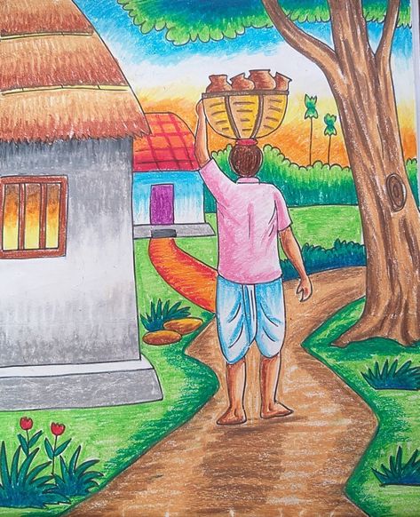 Scenery Drawing With Human, Scenery Painting With Human, Pastel Colour Scenery Drawing, Pastel Scenery Painting, Human Figure Drawing Colour Pencil, Drawing Ideas Scenery Easy, Pastel Colors Drawing Ideas, Scenery With Human Figures, Oil Pastel Figure Drawing