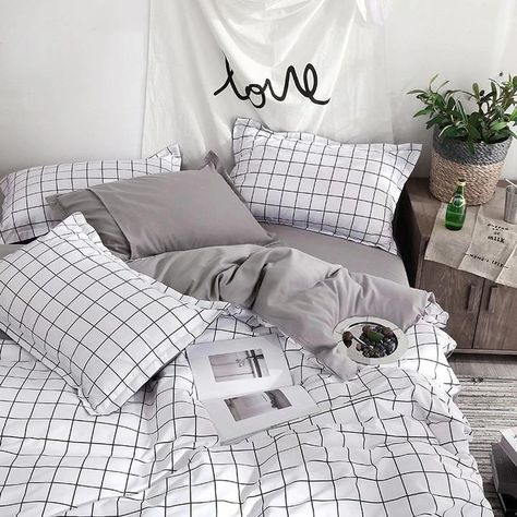 Plain Grid Bedding Set | aesthetic bedroom | roomtery Grid Bedding, All Aesthetics, Grey And White Bedding, White Bed Set, Girls Bedding Sets, Double Duvet Covers, Twin Bed Sets, Stylish Beds, Queen Bedding Sets