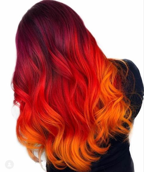 Fire Ombre Hair, Fire Hair Color, Orange Ombre Hair, Sunset Hair Color, Flame Hair, Multicolor Hair, Wild Hair Color, Sunset Hair, Fire Hair