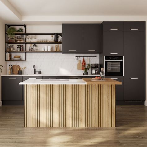 Calming and contemporary kitchens 🤩   In 2024, we're seeing a shift towards nature-inspired interiors, and kitchen spaces are no different! Naturepanel's durability, combined with its stunning aesthetics, makes it an ideal option for turning your kitchen interior into a real conversation starter.  This striking kitchen features our Bleached Cuneo Oak panel, which pairs perfectly with dark fixtures and plant accents🍃  Discover the full range: https://bit.ly/4aDV1gn Slat Wall Ideas Kitchen, Slatted Kitchen Island, Tambour Kitchen, Wall Ideas Kitchen, Slat Wall Ideas, Wood Effect Wall, Wood Tambour, Real Conversation, Contemporary Kitchens