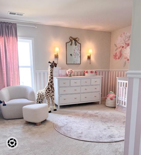 Simple and chic baby girl nursery on budget Girly Nursery Ideas Pink, Nursery Ideas Pink, Chic Baby Girl Nursery, Girly Nursery Ideas, Bow Mirror, Girly Nursery, Emily And Meritt, Chic Baby, Baby Girl Nursery