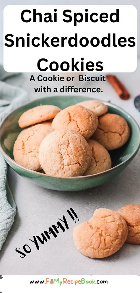 Chai Spiced Snickerdoodles cookies recipe. An easy recipe to bake rolled in some spices such as ginger, and cinnamon, ginger and cardamom. recipes, homemade, cookies, biscuits, chai spiced, snickerdoodles, easy recipe, spices, ginger, sugar, cinnamon, cardamom, snacks, desserts, holidays, make ahead, store Cardamom Recipes, Chai Spice Cookies, Snickerdoodles Cookies, Mmm Cookies, My Recipe Book, Easy Biscuit Recipe, Ginger And Cinnamon, Baked Rolls, Biscuits Easy