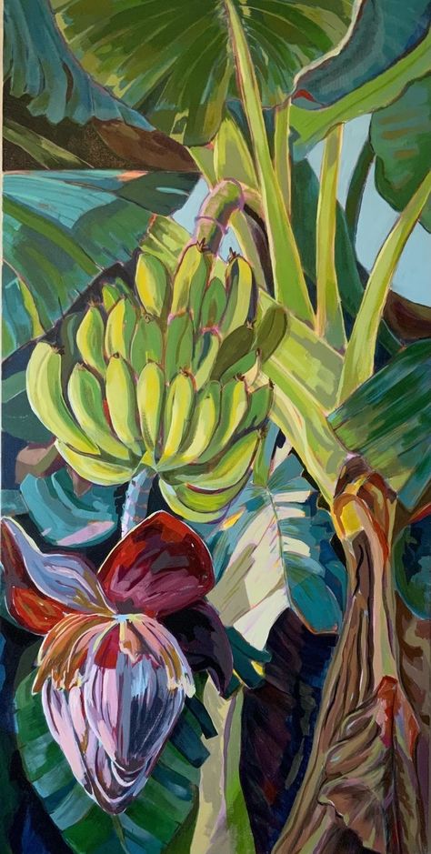 Colorful Botanical Art, Painted Tropical Flowers, Guava Painting, Abstract Tropical Art Paintings, Tiki Painting, Tropical Plants Painting, Tropical Painting Ideas, Tropical Leaves Painting, Banana Painting